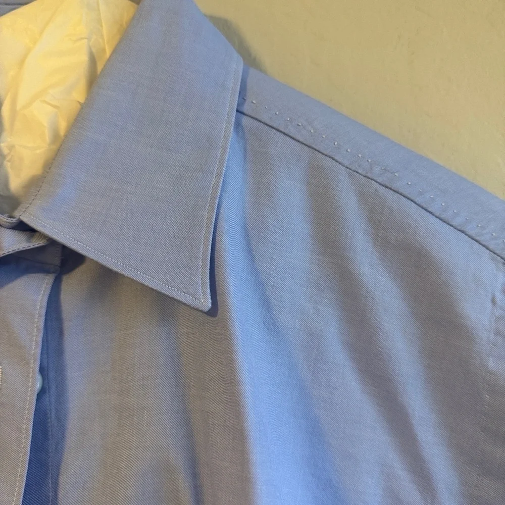 FInamore 1925 AUTHENTIC Tailored Blue Dress Shirt with Pointed Collar. Size 44